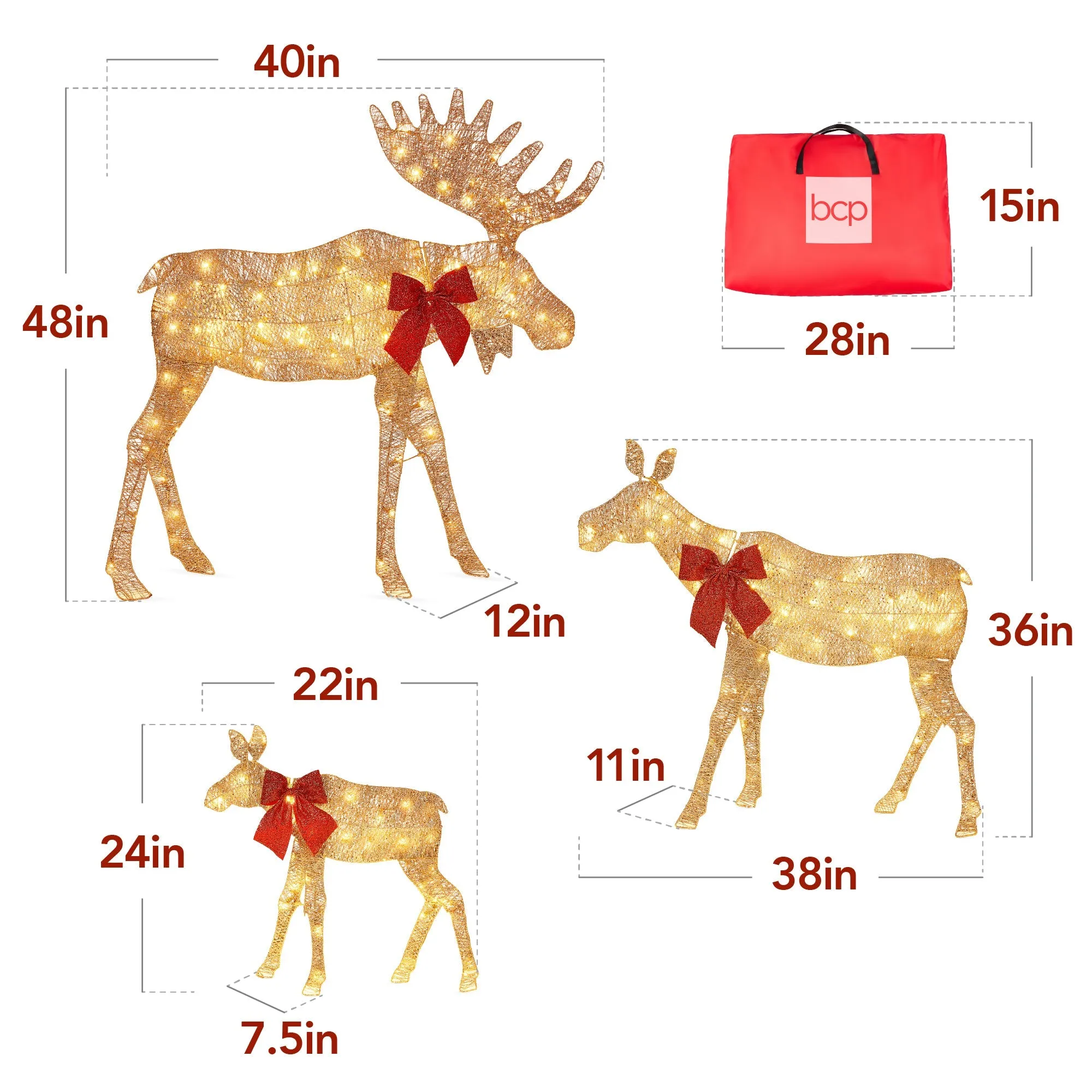 3-Piece Lighted 2D Christmas Moose Set Outdoor Decor w/ 195 LED Lights - 4ft