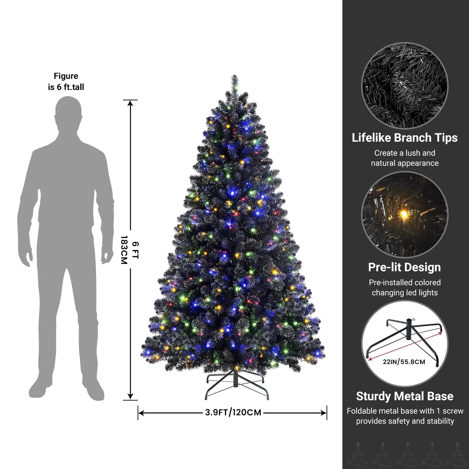 6ft Prelit Warm White & Color LED Changing Lights Premium Artificial Hinged Christmas Tree with Remote Control