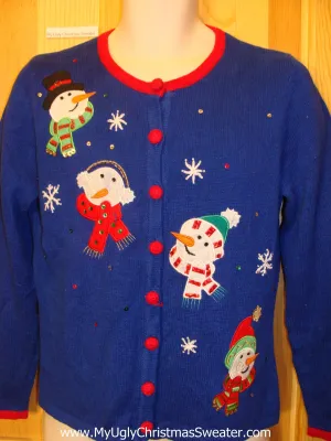 Bright Blue Funny Ugly Sweater Snowman Heads