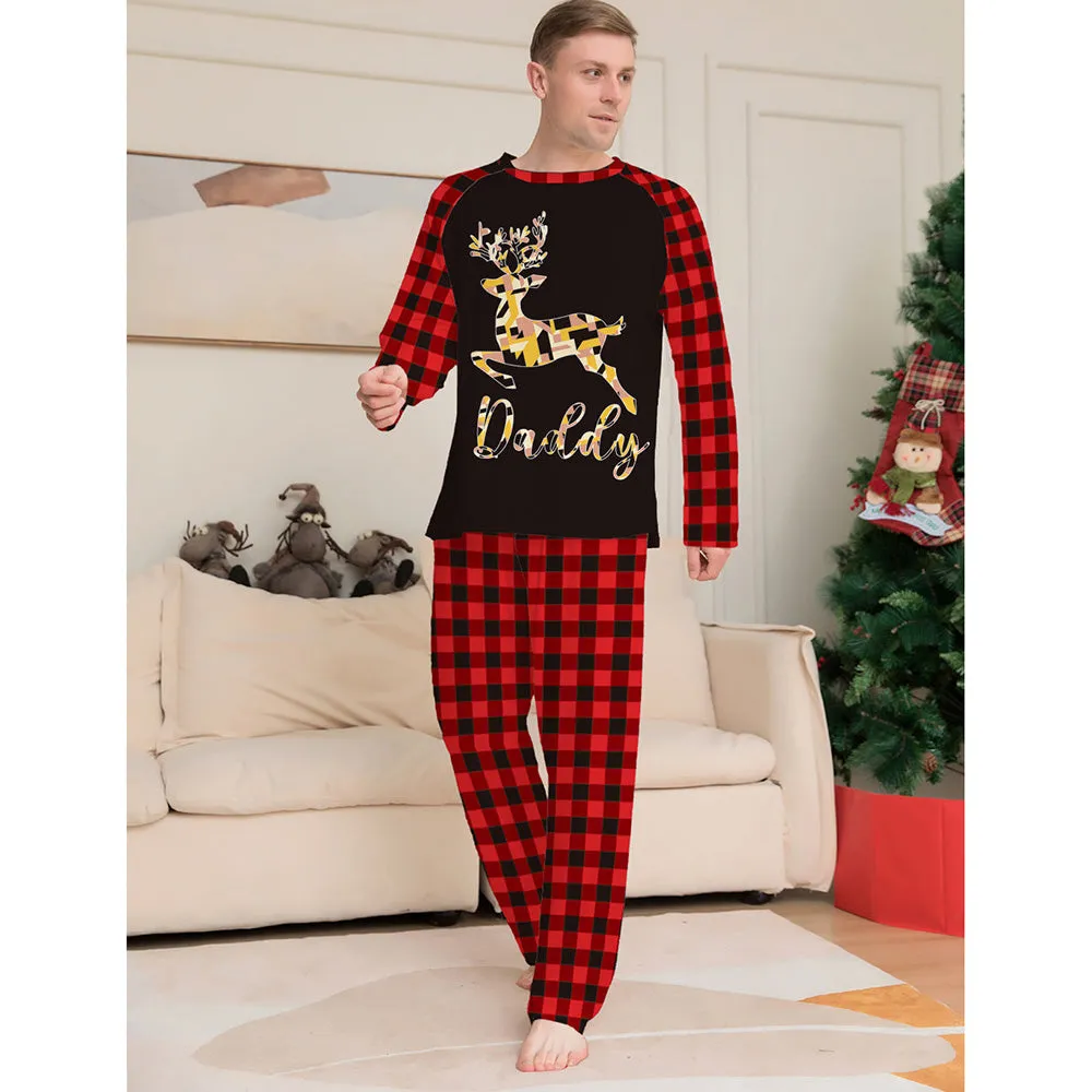 Christmas Gold Reindeer Print Red Plaid Family Matching Pajamas Sets