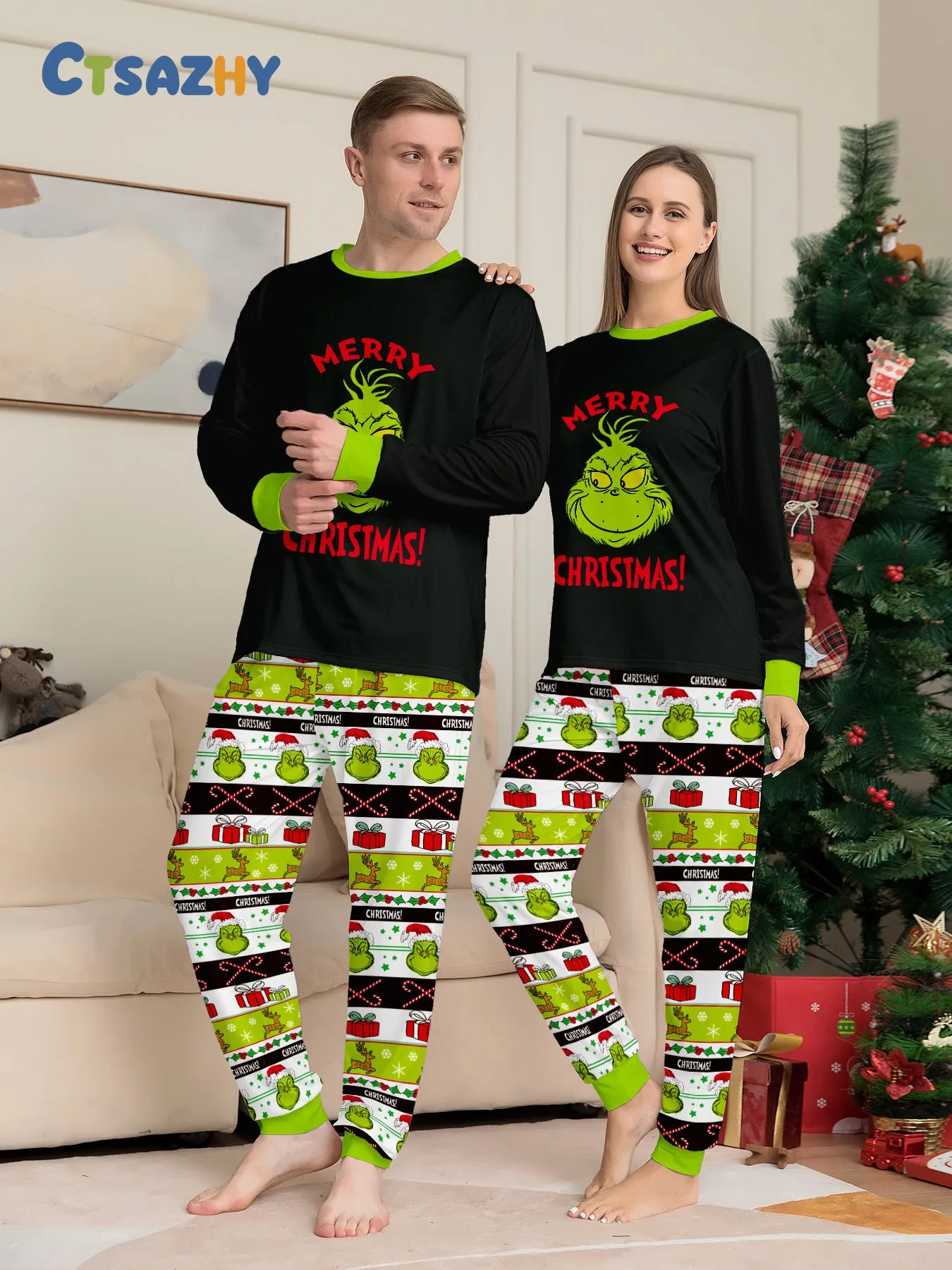 Christmas Grinch Cartoon Print Family Matching Long Sleeve Pajama Set