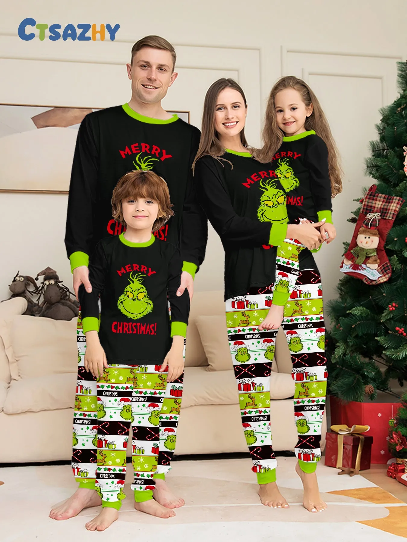 Christmas Grinch Cartoon Print Family Matching Long Sleeve Pajama Set