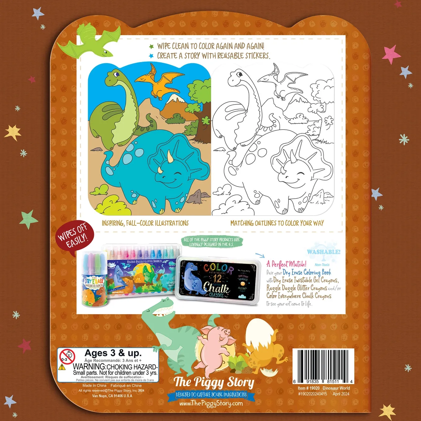 Dry Erase Reusable Coloring Book with Stickers - Dinosaur