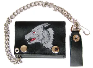 EMBROIDERED LONE WOLF TRIFOLD LEATHER WALLET WITH CHAIN