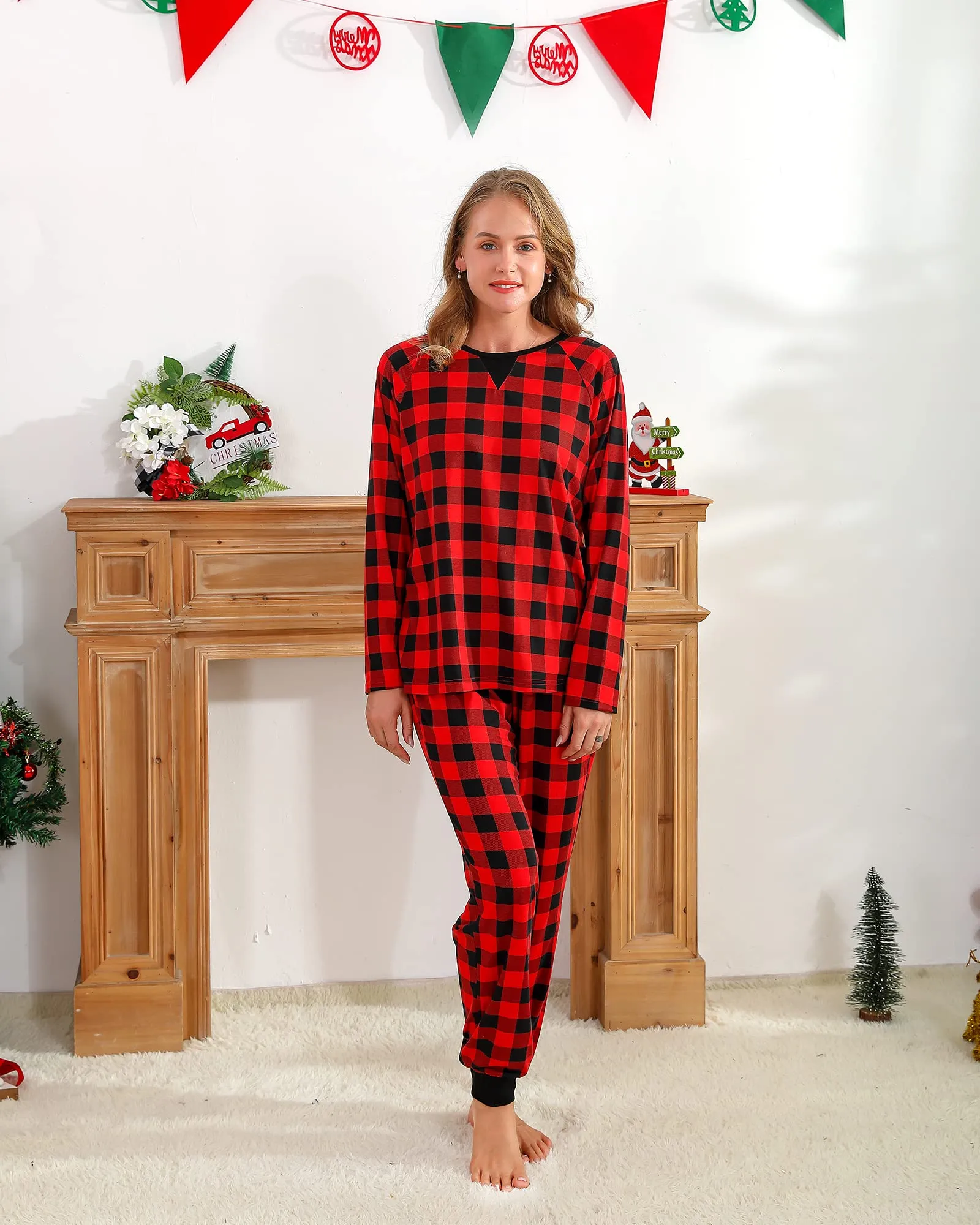 Family Matching Plaid Round Neck Christmas Pajamas Set