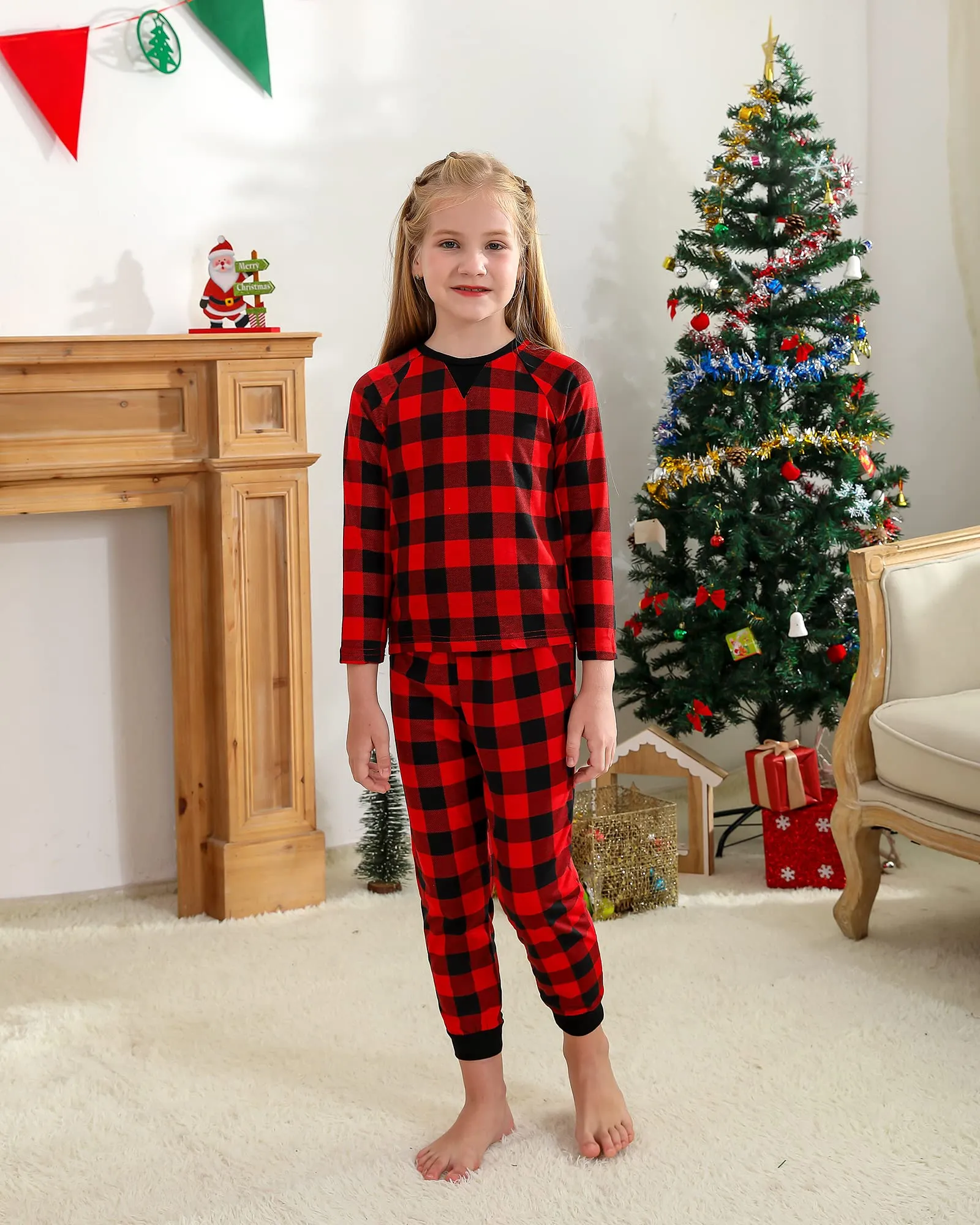 Family Matching Plaid Round Neck Christmas Pajamas Set