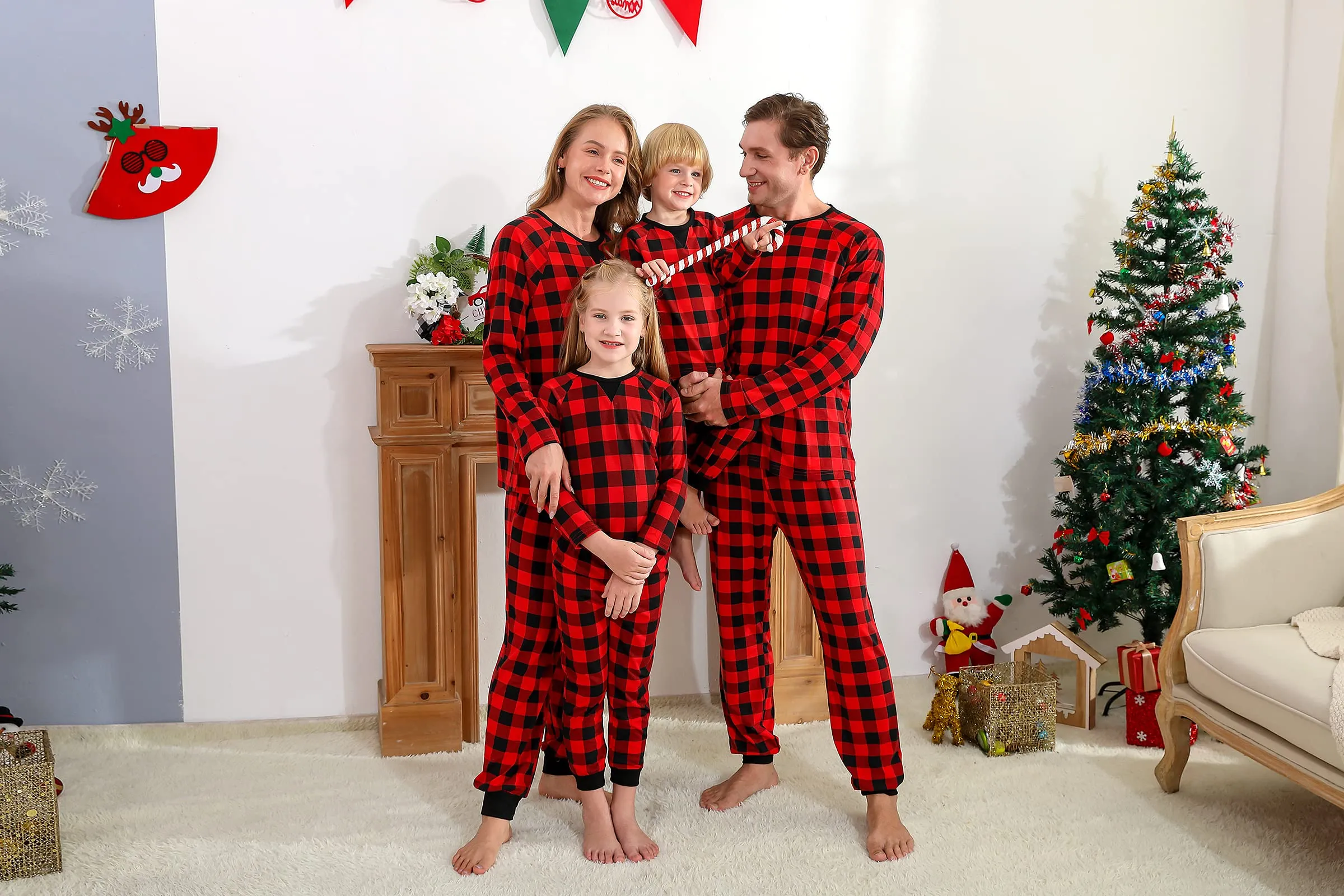 Family Matching Plaid Round Neck Christmas Pajamas Set