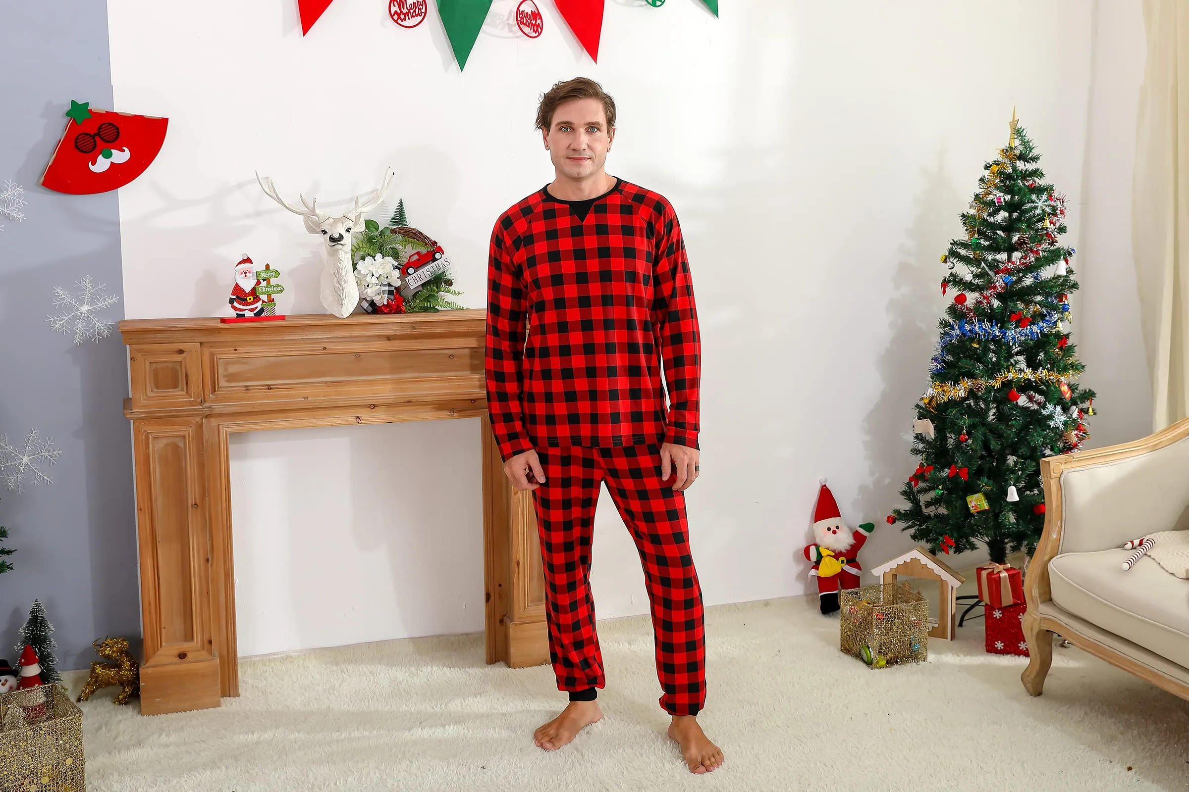 Family Matching Plaid Round Neck Christmas Pajamas Set