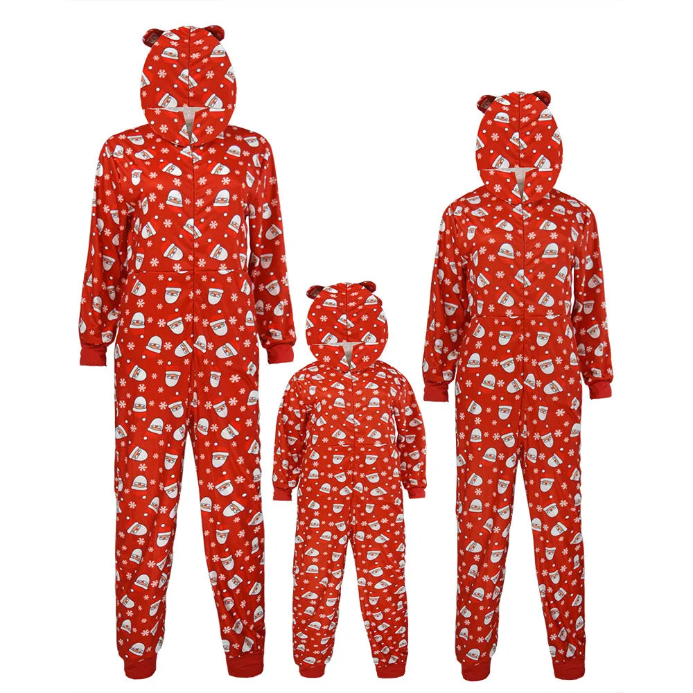 Family Parent-Child Christmas Long Sleeve Hooded Santa One-Piece Pajamas