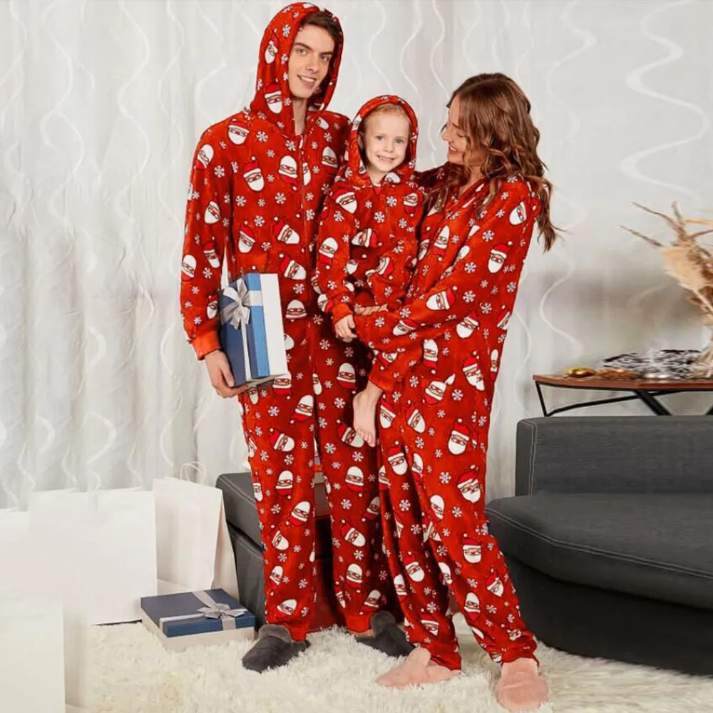 Family Parent-Child Christmas Long Sleeve Hooded Santa One-Piece Pajamas