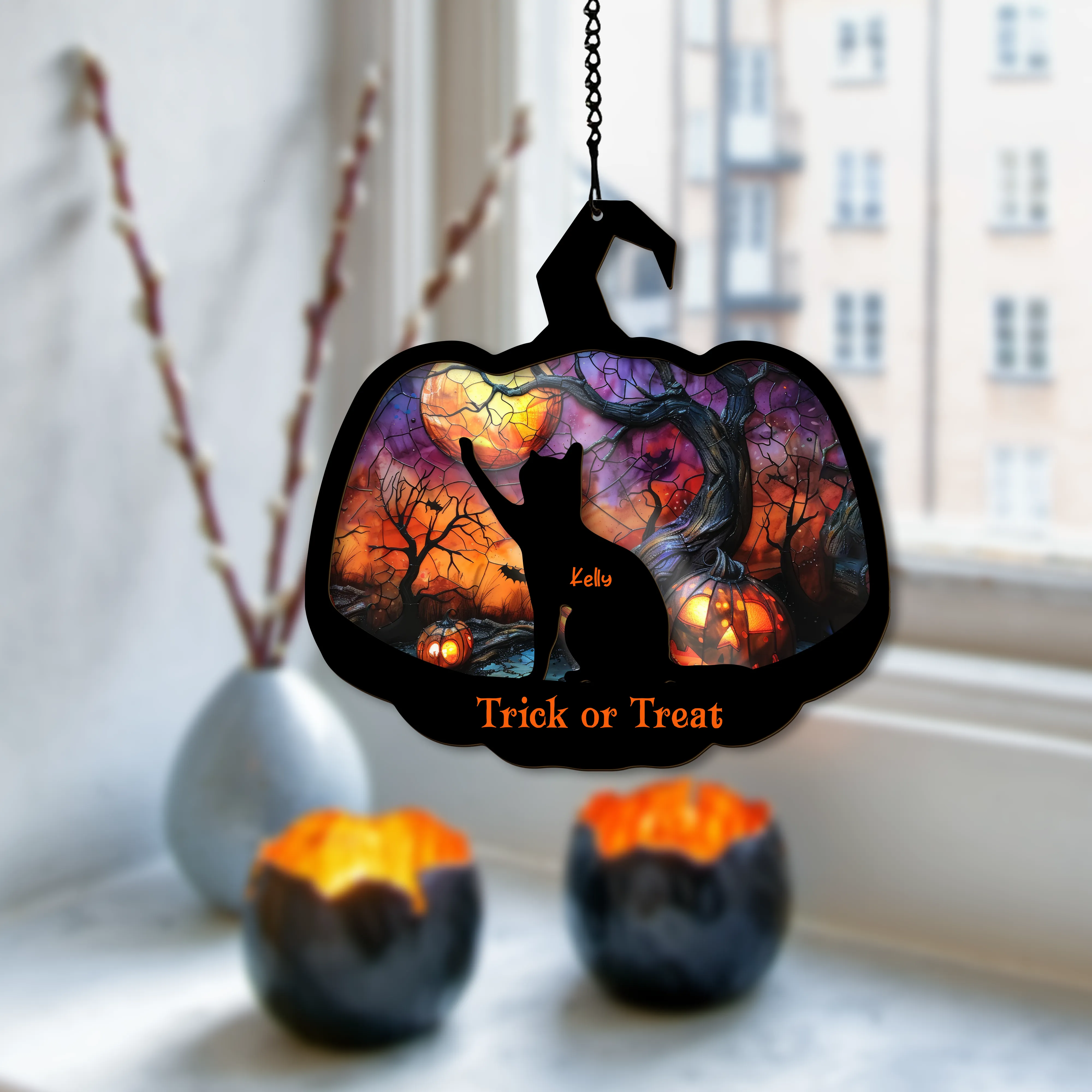 Halloween Black Cat Suncatcher, Personalized Halloween Stained Glass Cat Suncatcher SC77