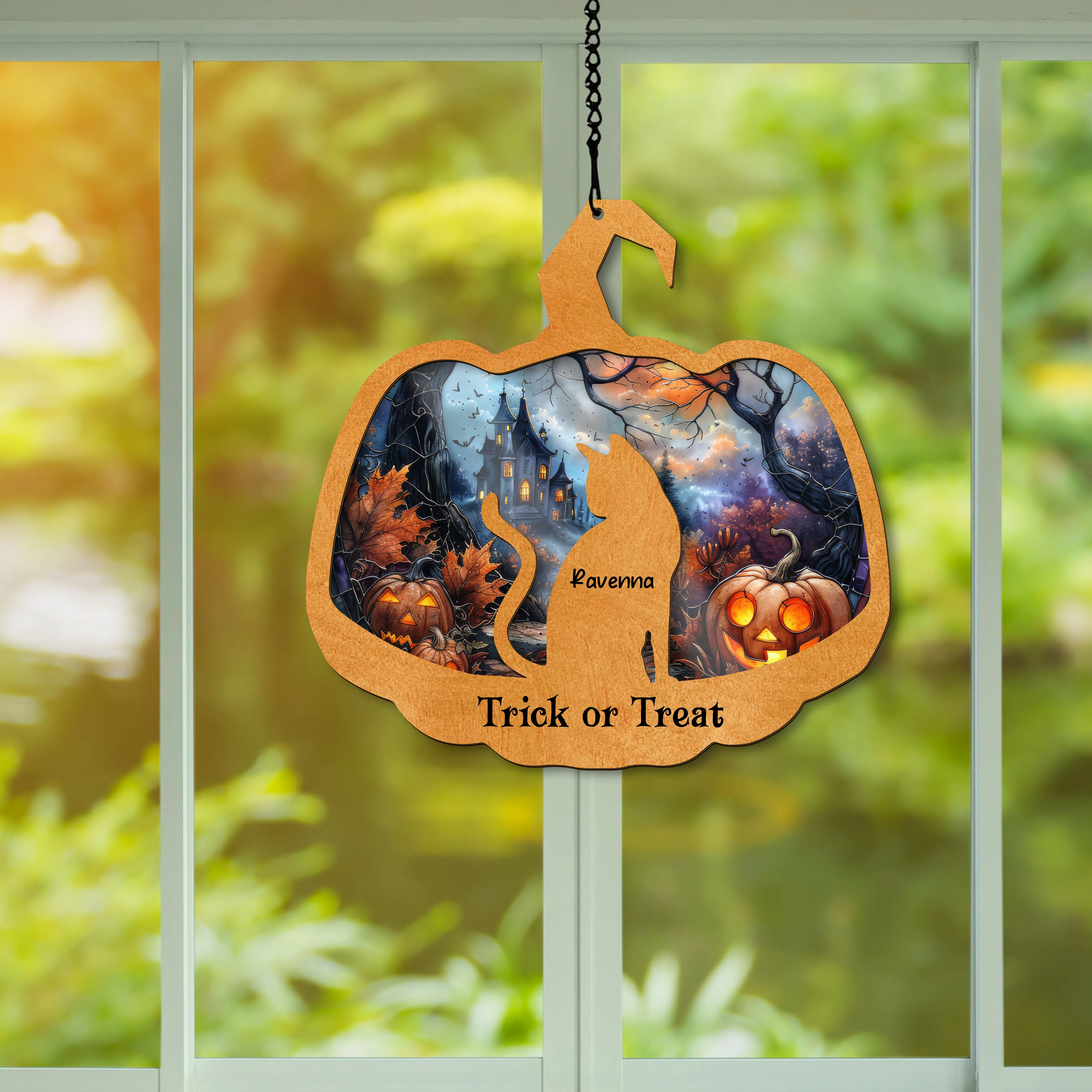 Halloween Black Cat Suncatcher, Personalized Halloween Stained Glass Cat Suncatcher SC77