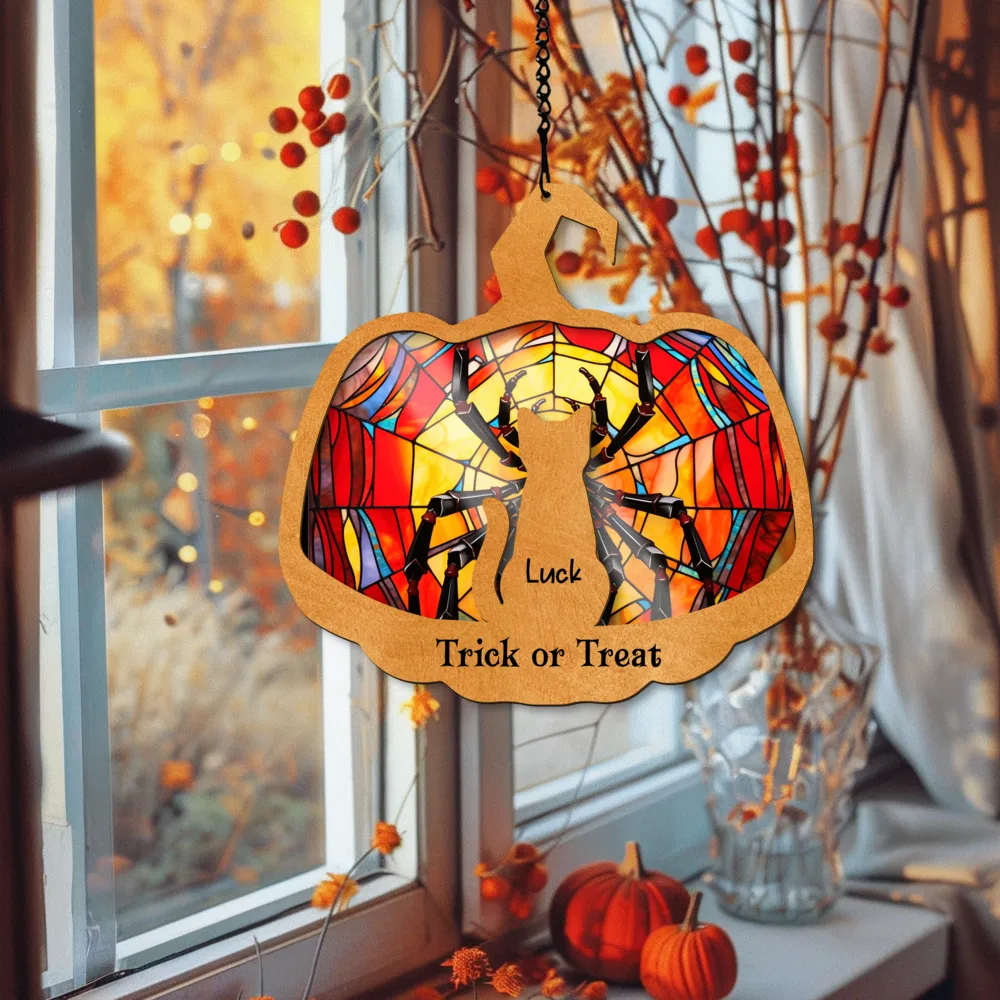 Halloween Black Cat Suncatcher, Personalized Halloween Stained Glass Cat Suncatcher SC77