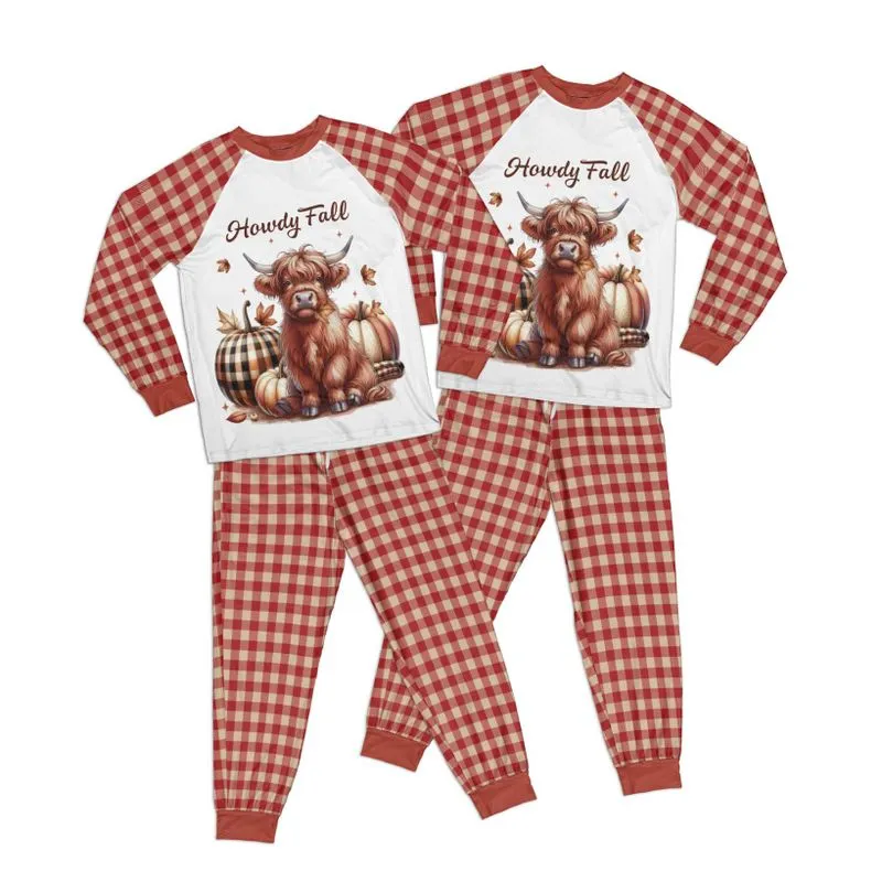 Howdy Fall Highland Cow Adult Pajamas Set Matching