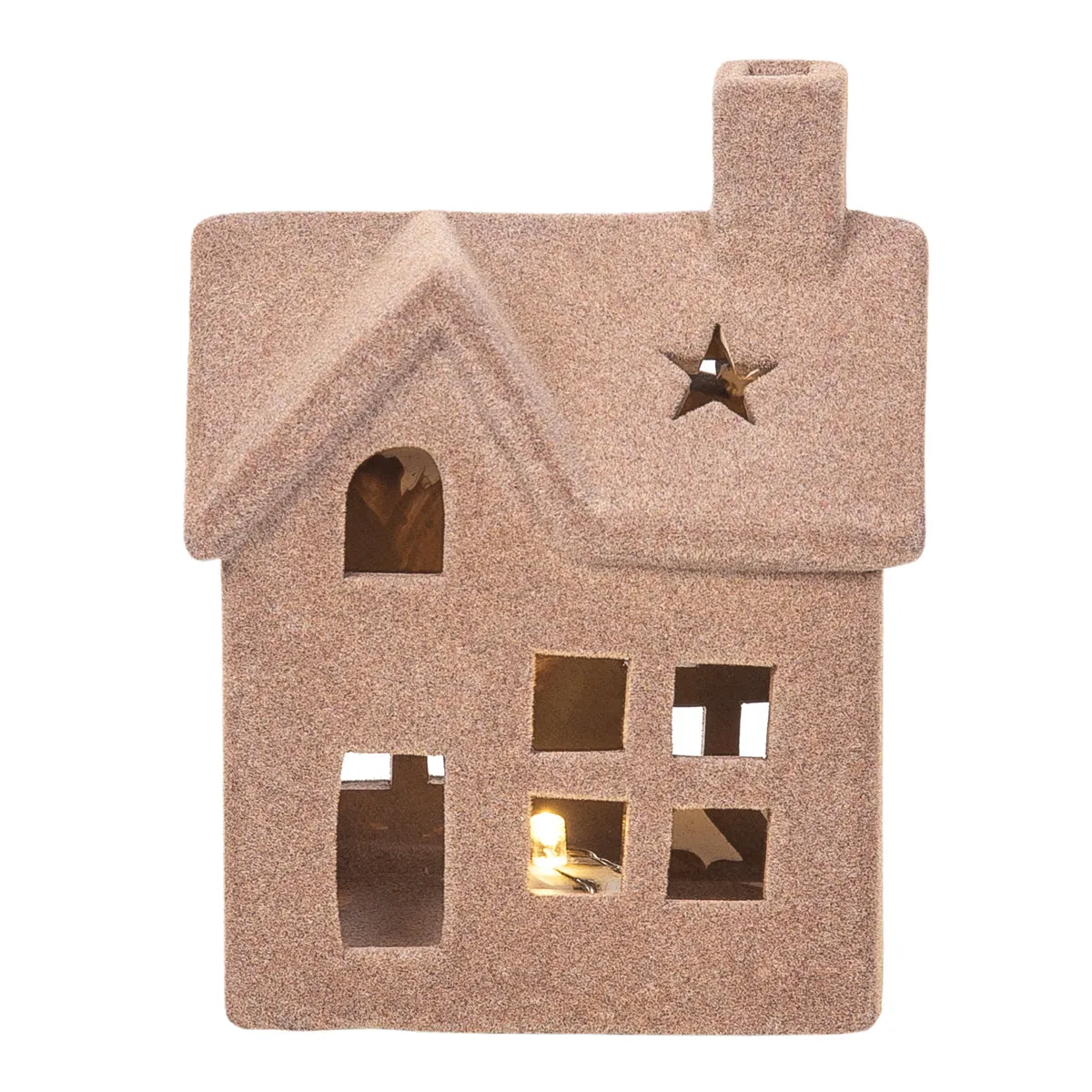 LED Small Flocked Beige House Figurine