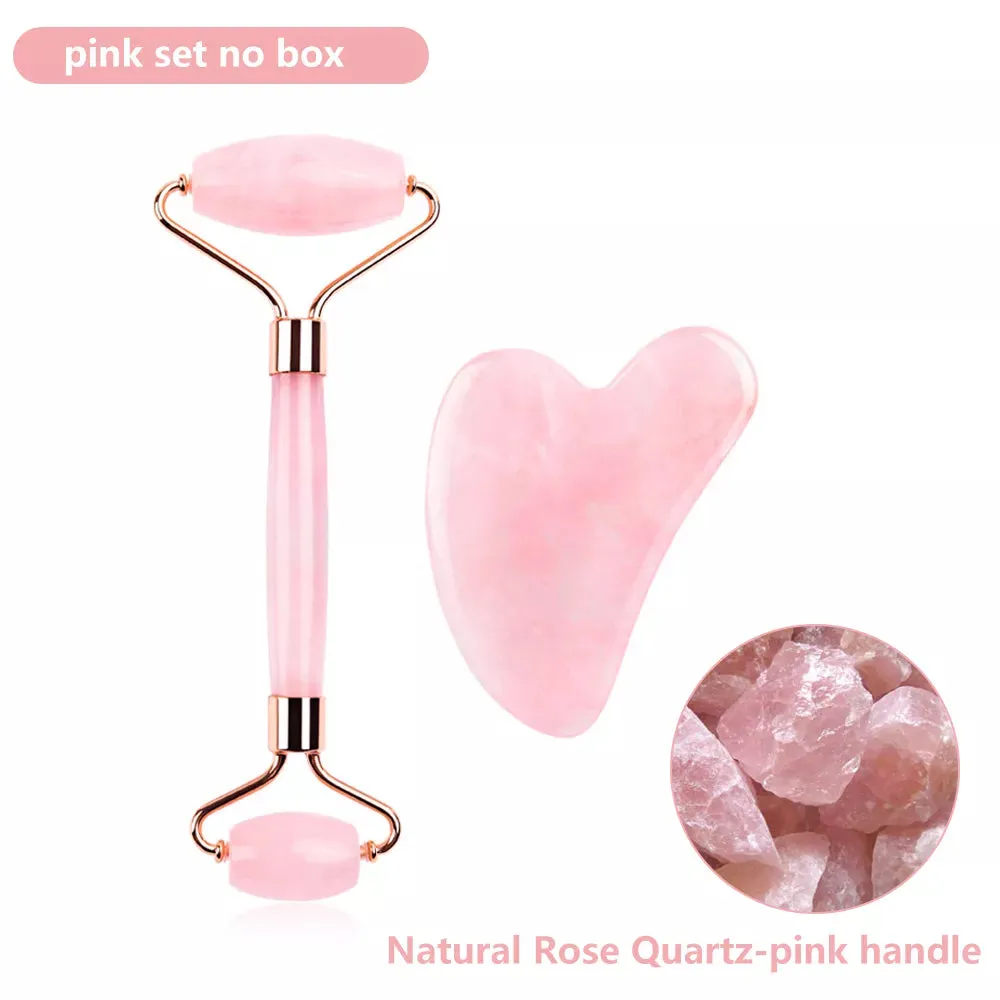 Natural Rose Quartz Jade Roller Gua Sha Set Face Lifting Beauty Massage Tools