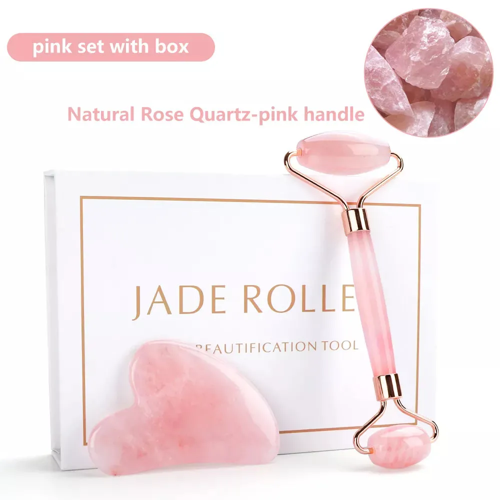 Natural Rose Quartz Jade Roller Gua Sha Set Face Lifting Beauty Massage Tools