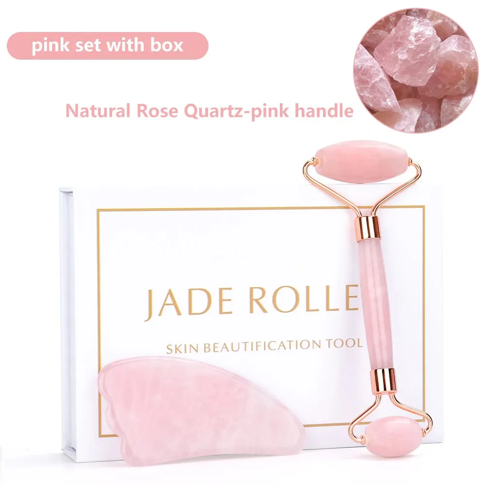 Natural Rose Quartz Jade Roller Gua Sha Set Face Lifting Beauty Massage Tools