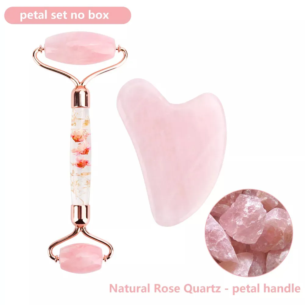 Natural Rose Quartz Jade Roller Gua Sha Set Face Lifting Beauty Massage Tools