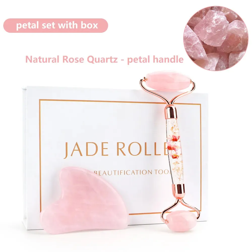 Natural Rose Quartz Jade Roller Gua Sha Set Face Lifting Beauty Massage Tools