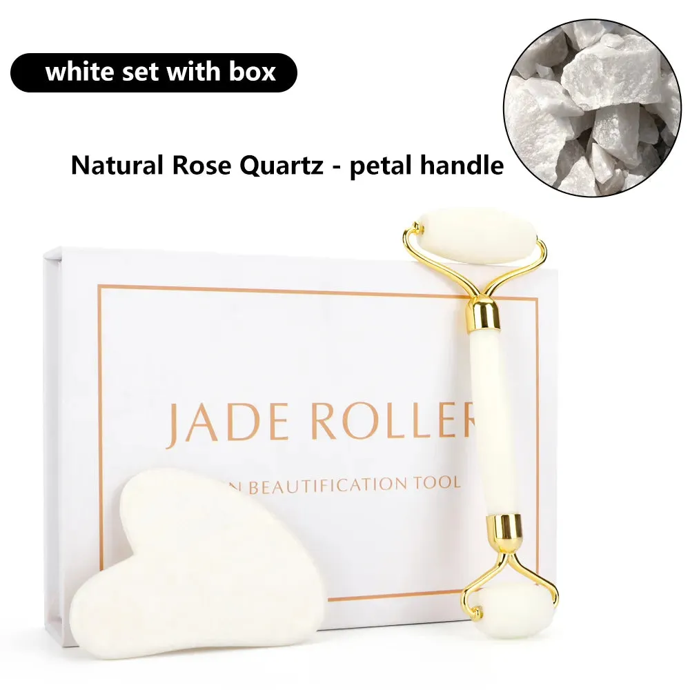 Natural Rose Quartz Jade Roller Gua Sha Set Face Lifting Beauty Massage Tools