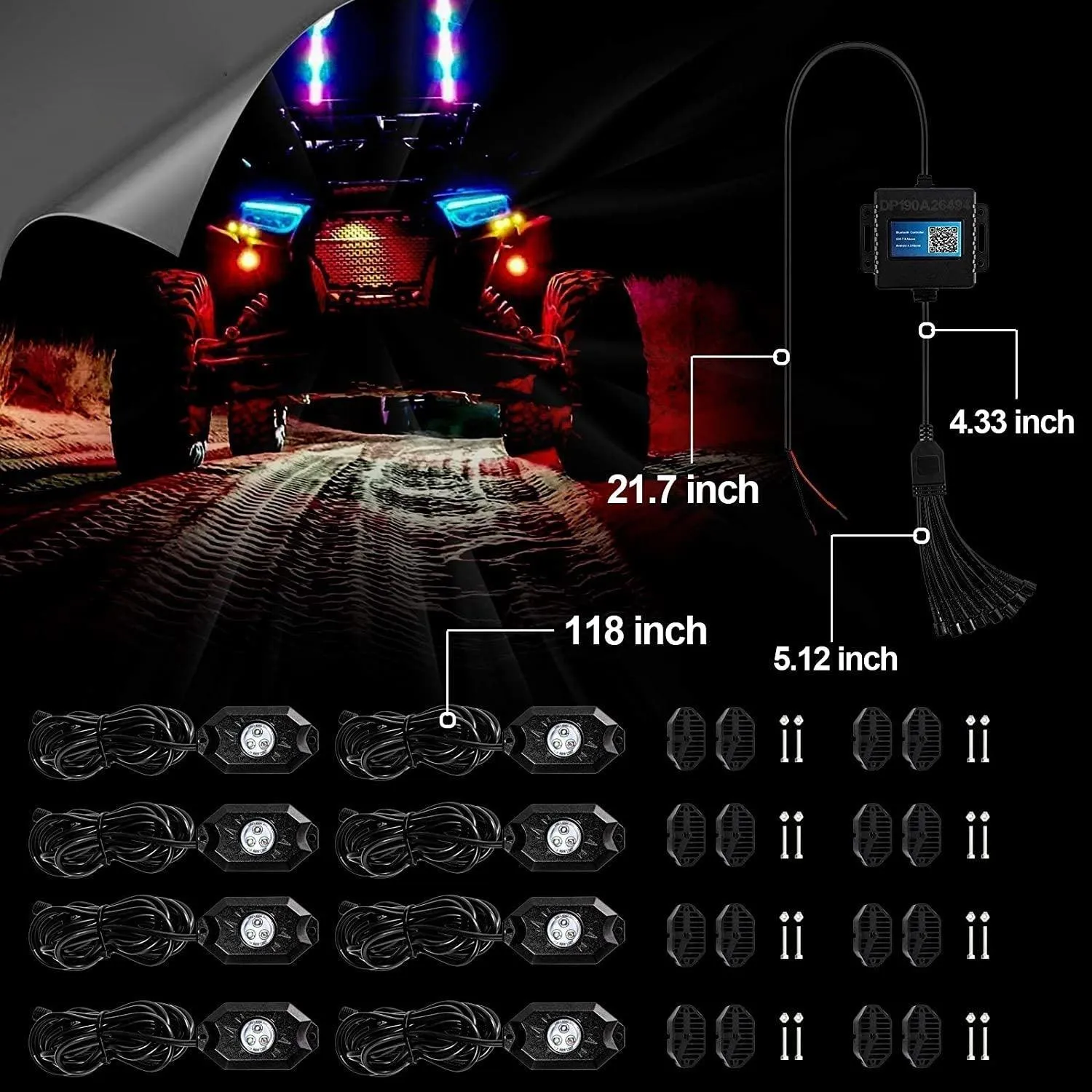 New 52 Inch V-PRO Series Curved RGBW Color Changing Off Road Led Light Bar & RGB LED Rock Light Set Combo