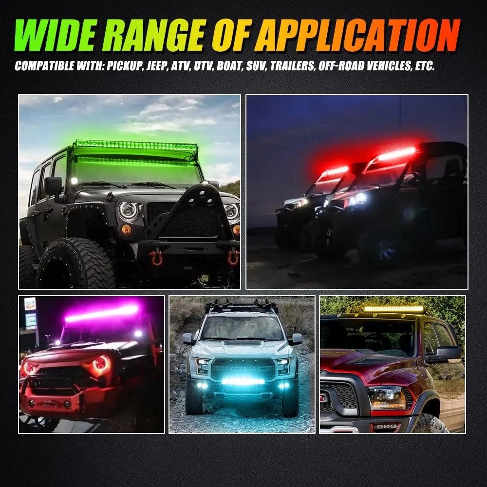 New 52 Inch V-PRO Series Curved RGBW Color Changing Off Road Led Light Bar & RGB LED Rock Light Set Combo