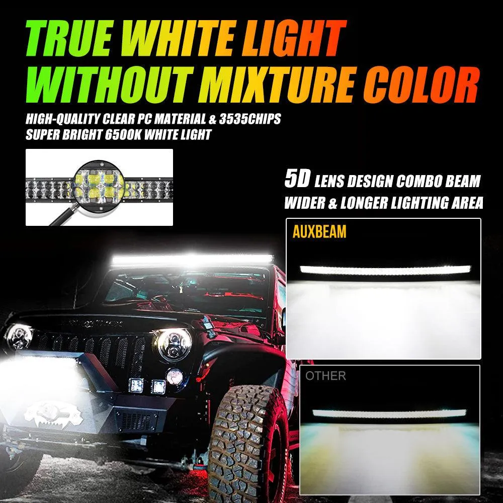 New 52 Inch V-PRO Series Curved RGBW Color Changing Off Road Led Light Bar & RGB LED Rock Light Set Combo