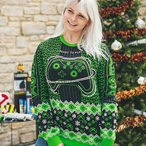 Numskull Unisex Official Xbox 'Ready to Play' Knitted Christmas Sweater for Men or Women - Ugly Novelty Jumper Gift