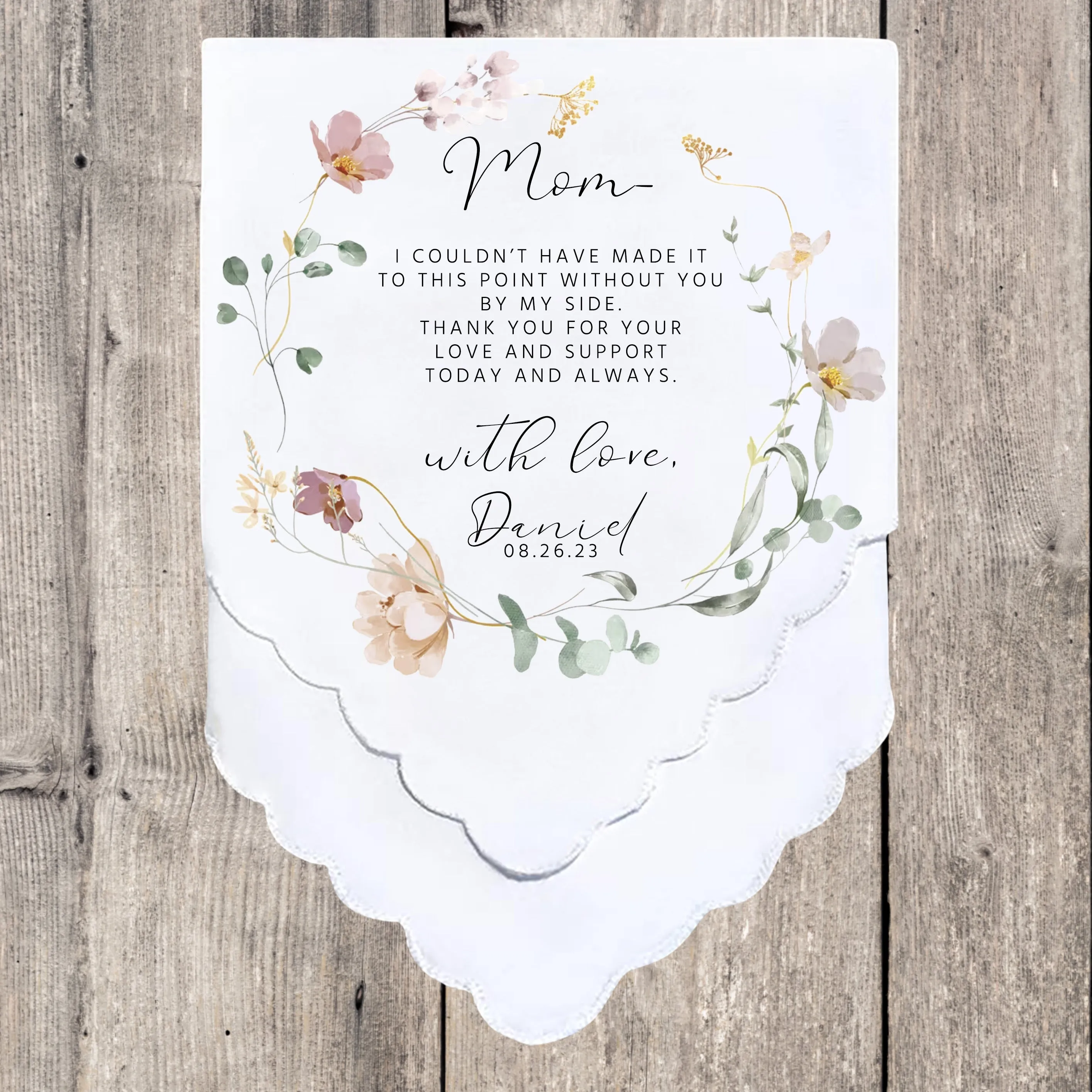 Personalized Wedding Handkerchief | Heartfelt Gift for Mother of the Bride Gifts | Thoughtful Customized Gift | Mother of the Bride Handkerchief | Custom Gift Keepsake for Mom | Spring Floral Wreath