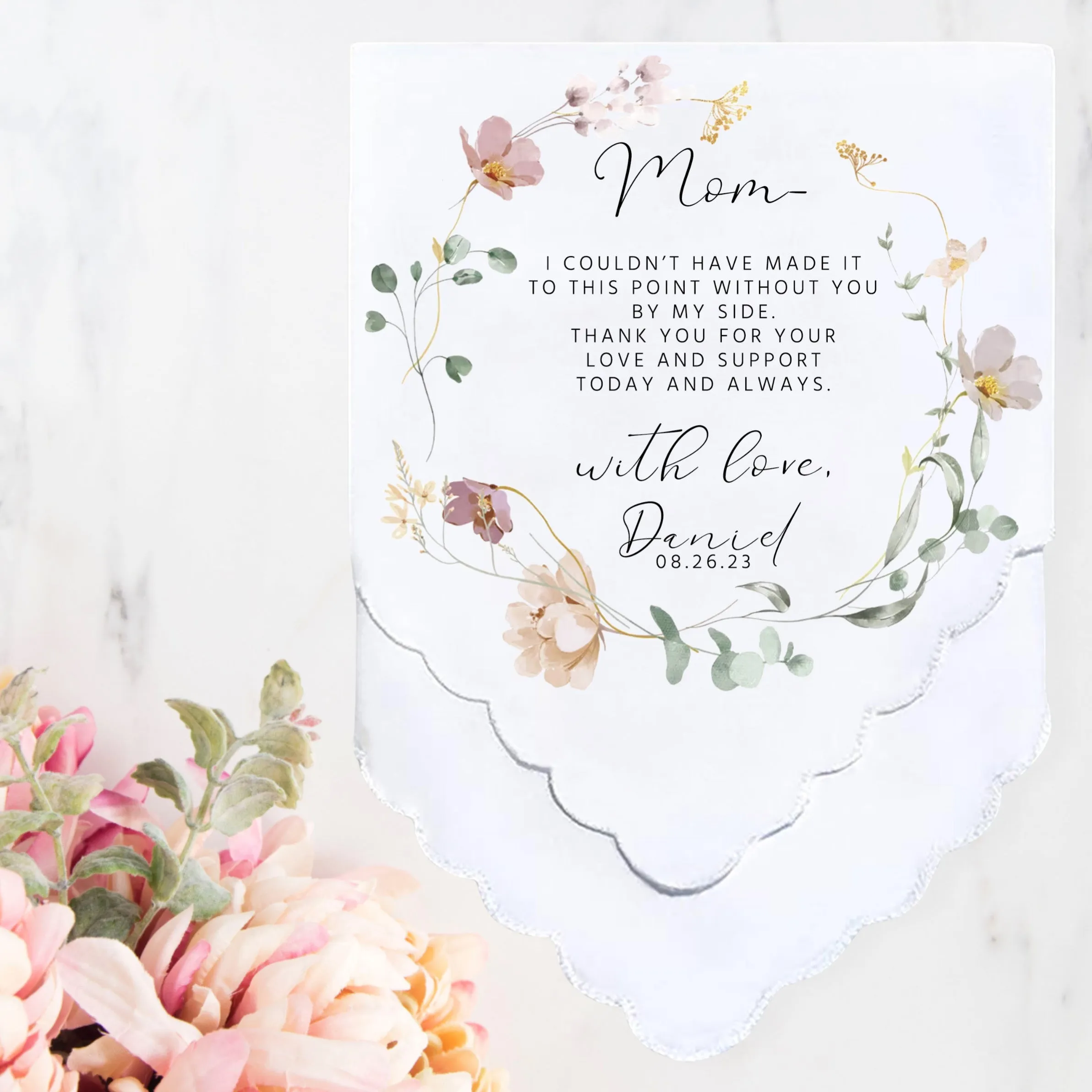 Personalized Wedding Handkerchief | Heartfelt Gift for Mother of the Bride Gifts | Thoughtful Customized Gift | Mother of the Bride Handkerchief | Custom Gift Keepsake for Mom | Spring Floral Wreath