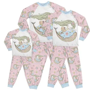 Whimsical Mystical Girl Whale Pink Adult Pajamas Set Matching